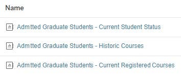image of the three reports: Admitted Graduate Students: Current Student Status, Historic Courses, Current Registered Courses