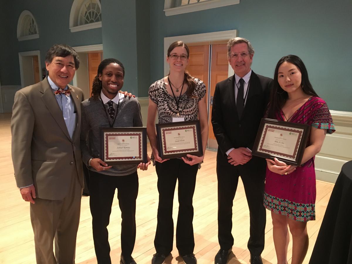 Pictured, from left to right: UMD President Wallace Loh, doctoral student and 3MT winner Samuel Ramsey, Sarah Hirsh, Jeffrey Franke, interim dean of the Graduate School, and Min-A Cho