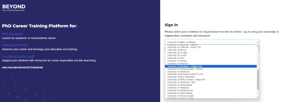 Beyond the Professoriate Log-in Page