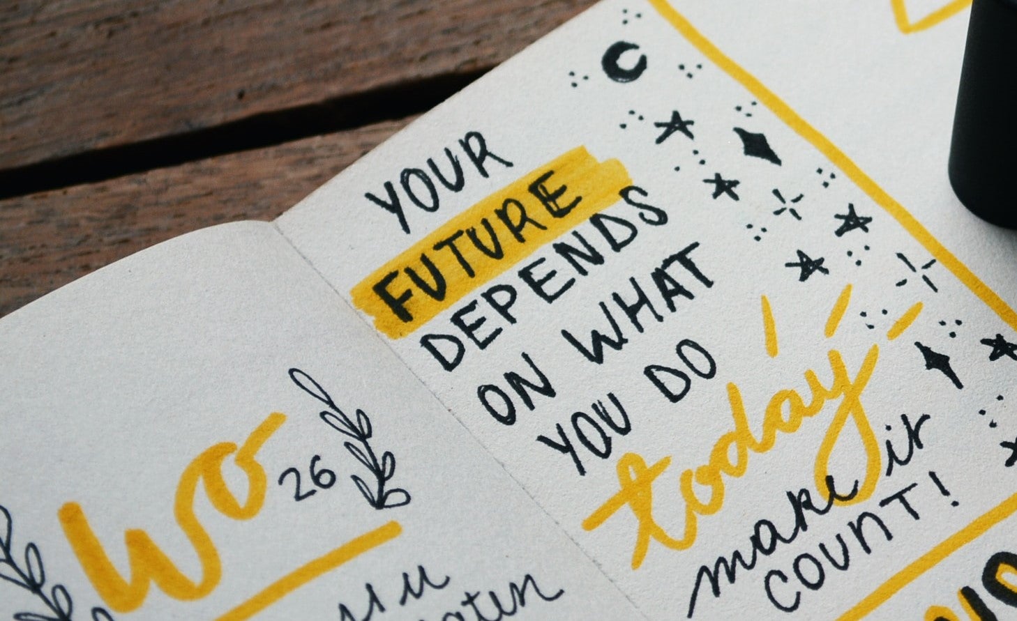 A journal page with a quote, "your future depends on what you do today."