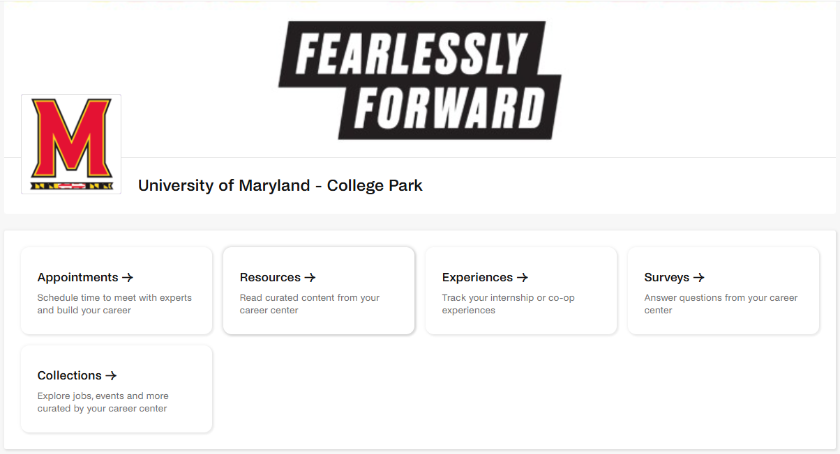 Handshake Homepage, this is the page containing the Resources button that needs to be clicked.