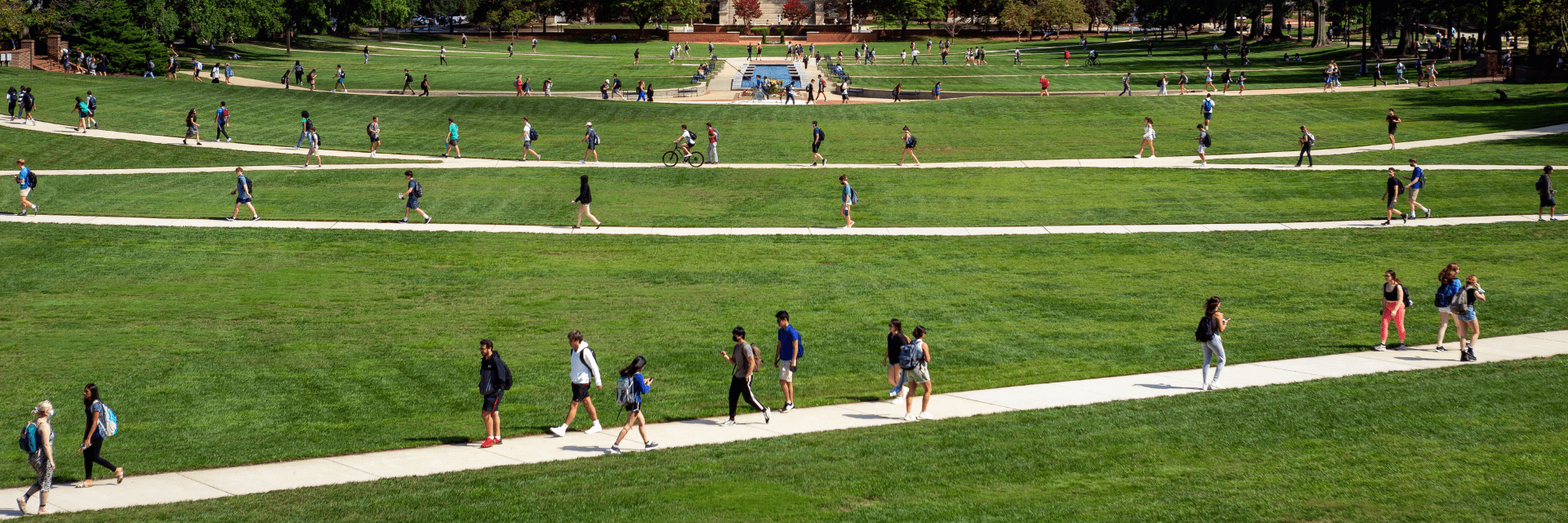 Aerial shot of students walking on lawn