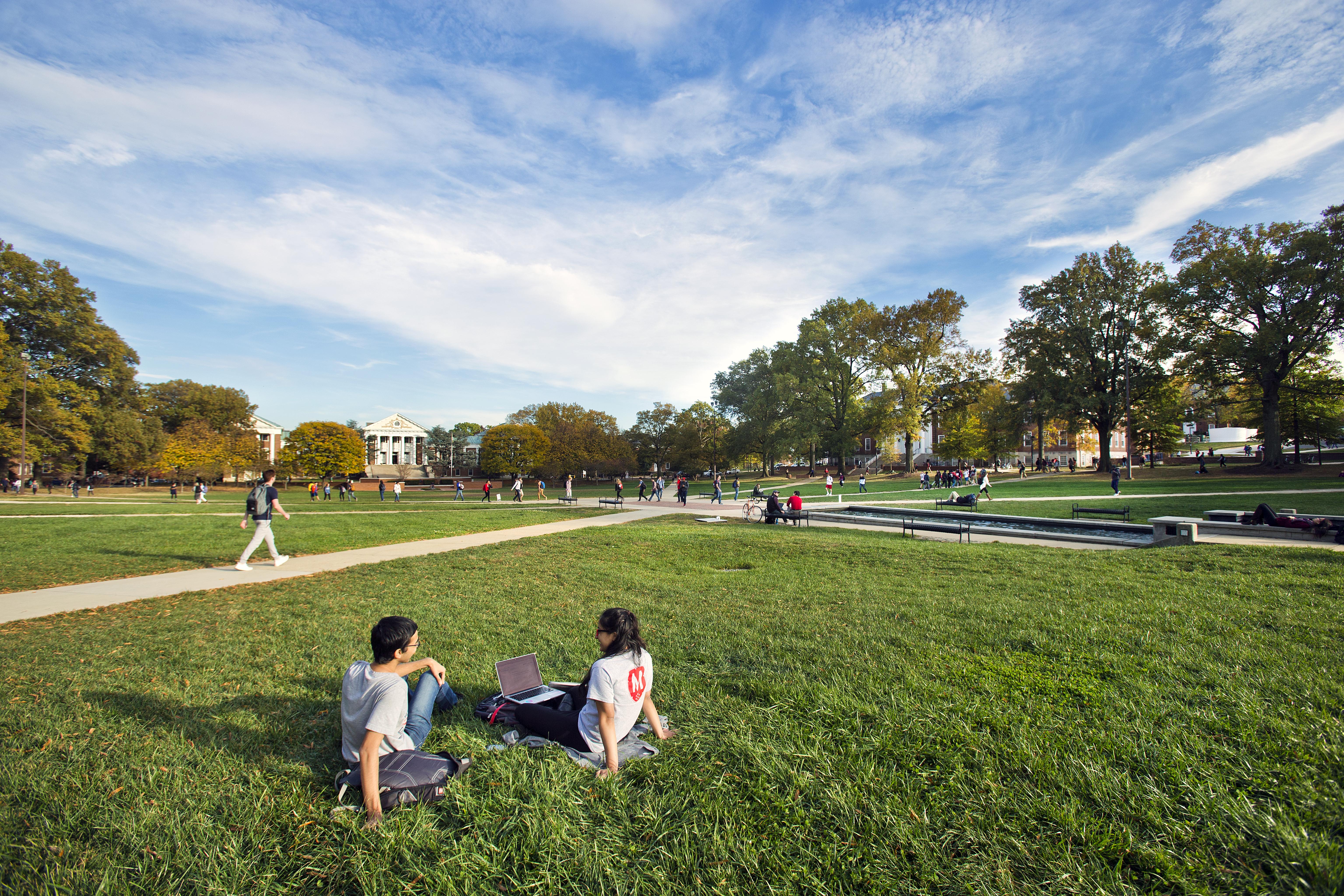 Students sitting on McKeldin Mall