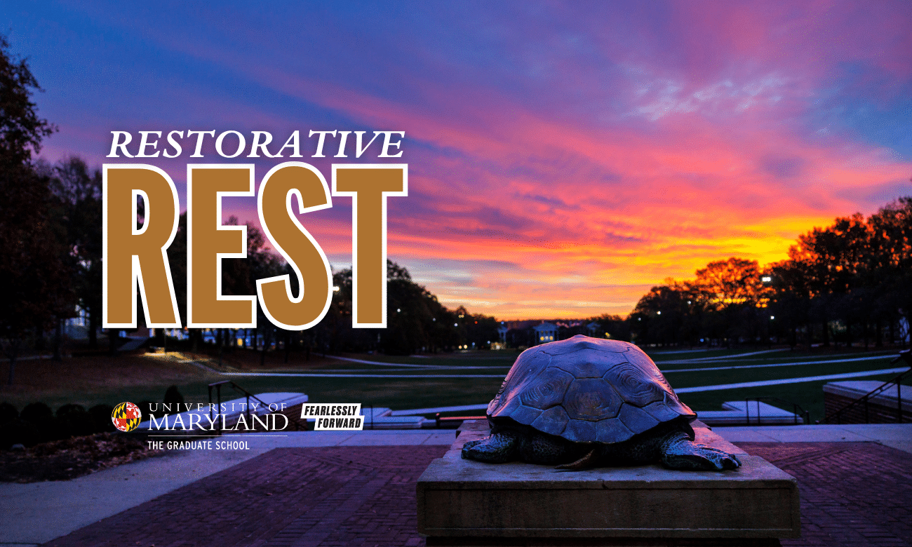McKeldin Mall sunset with Restorative Rest text